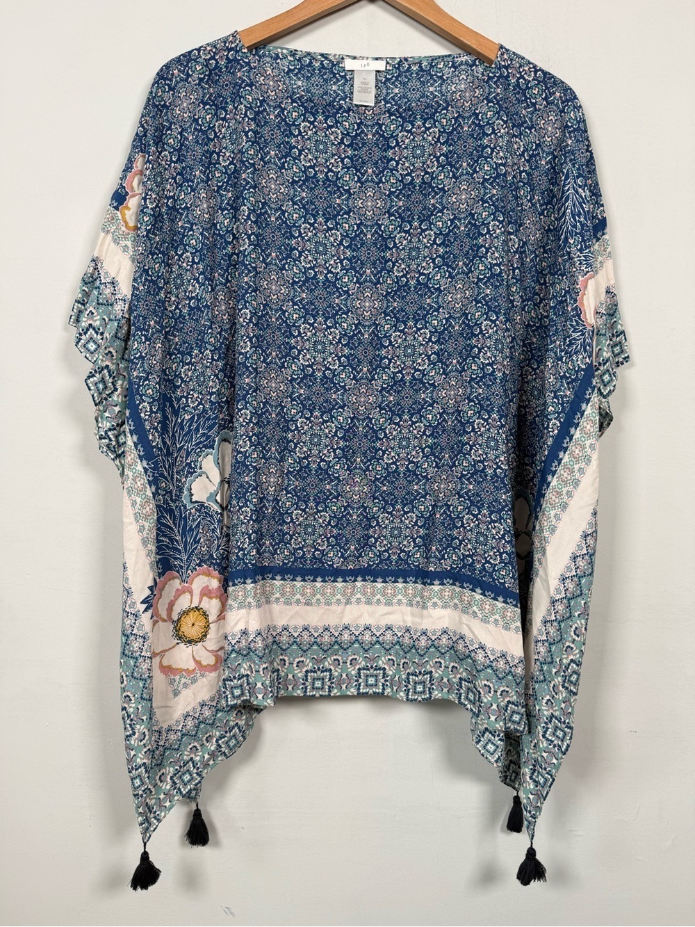 J Jill Women Blue Tassel Poncho Top Size S-L, Great Condition!
